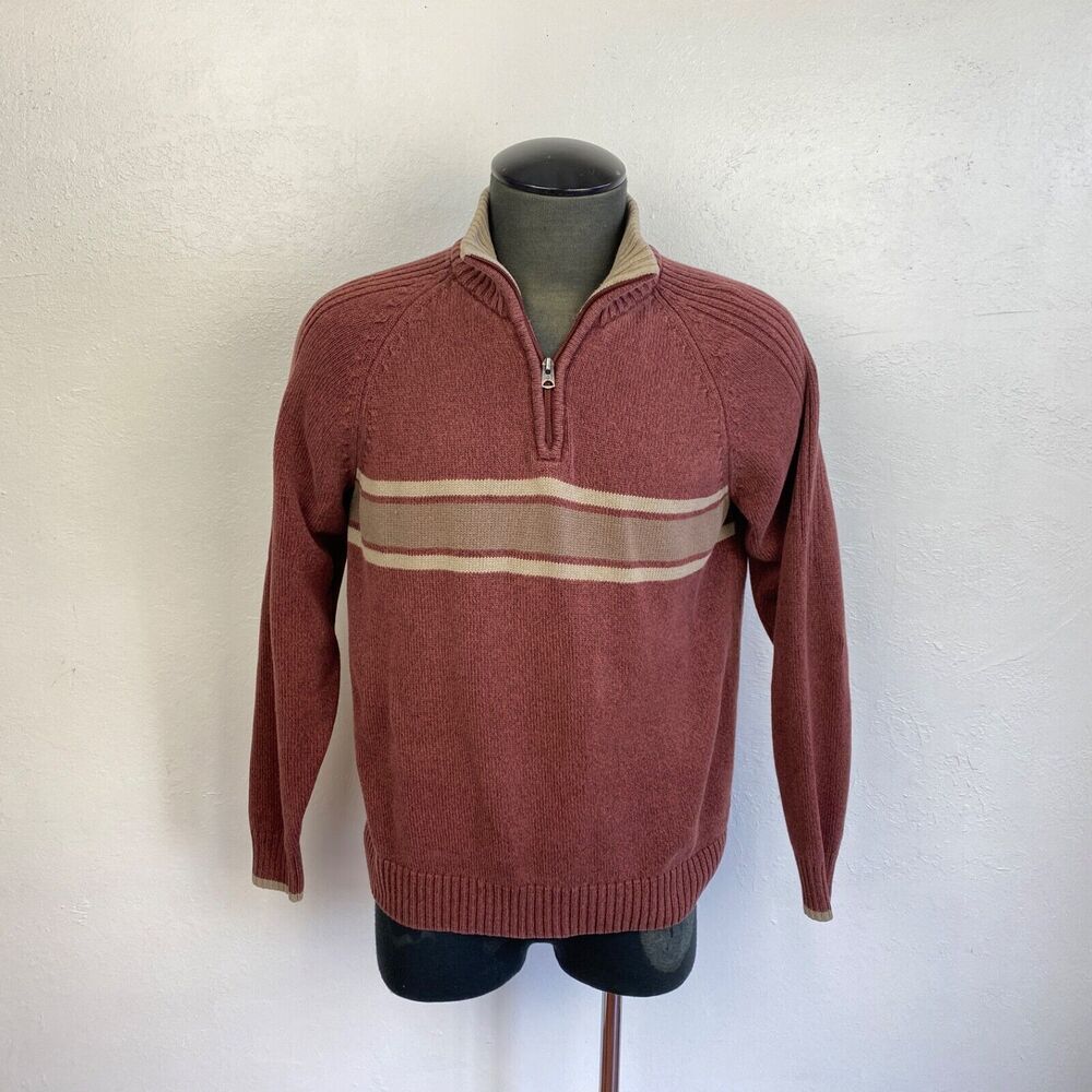 Columbia Mens Knit Sweater Medium Brown Cotton 1/4 Zip Mock Neck Long Sleeves